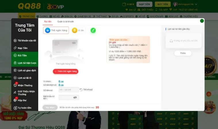 Rút Tiền QQ88 Nhanh Chóng An Toàn Chỉ Trong Vài Phút Ngay Hôm Nay 2 Giao diện rút tiền QQ88