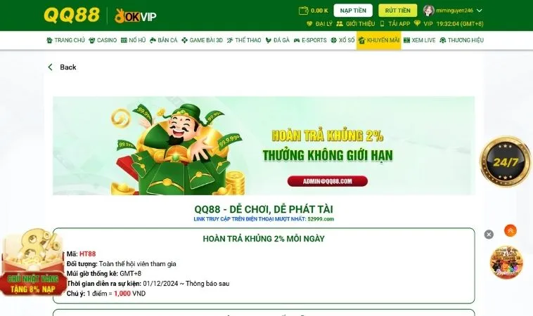 Chơi Thả Ga Với Hoàn Trả Không Giới Hạn Mỗi Ngày Tại Nhà Cái QQ88 1 hoàn trả không giới hạn